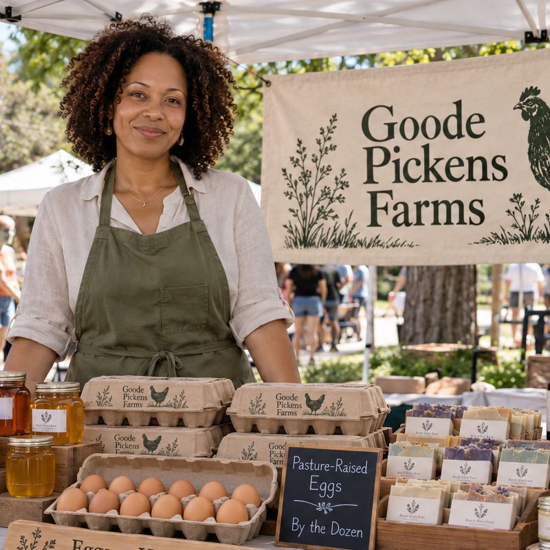 Goode Pickens Farms market stand with cartons of pasture-raised eggs