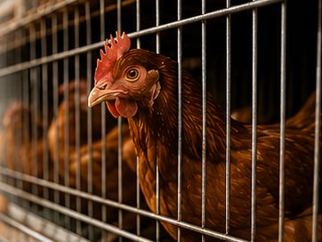 Hens inside a wire cage