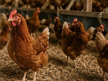 Hens walking on litter inside a barn