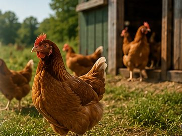 Hens outside a barn door on grass