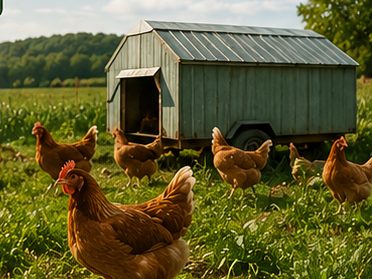 Hens grazing on green pasture near a mobile coop